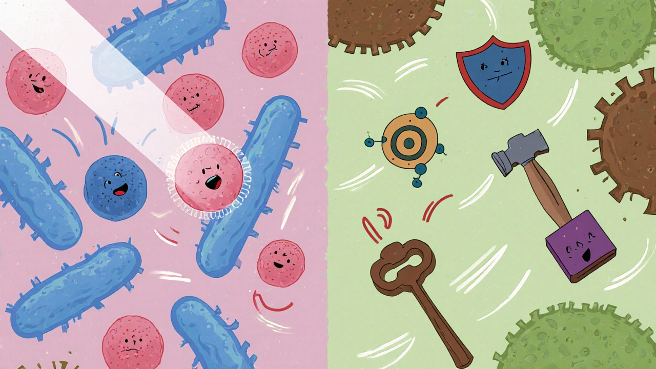 Bactéries Gram‑positives et Gram‑négatives attaquées par différents antibiotiques