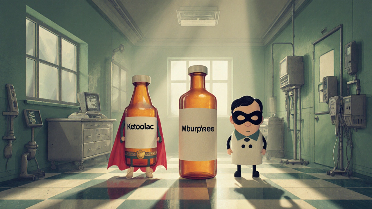 Bouteilles de médicaments anthropomorphes (kétorolac, ibuprofène, morphine) comparées, cartoon vintage.