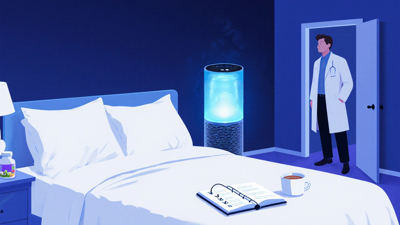Chambre montrant purificateur d&#039;air, literie propre, checklist et silhouette de médecin.