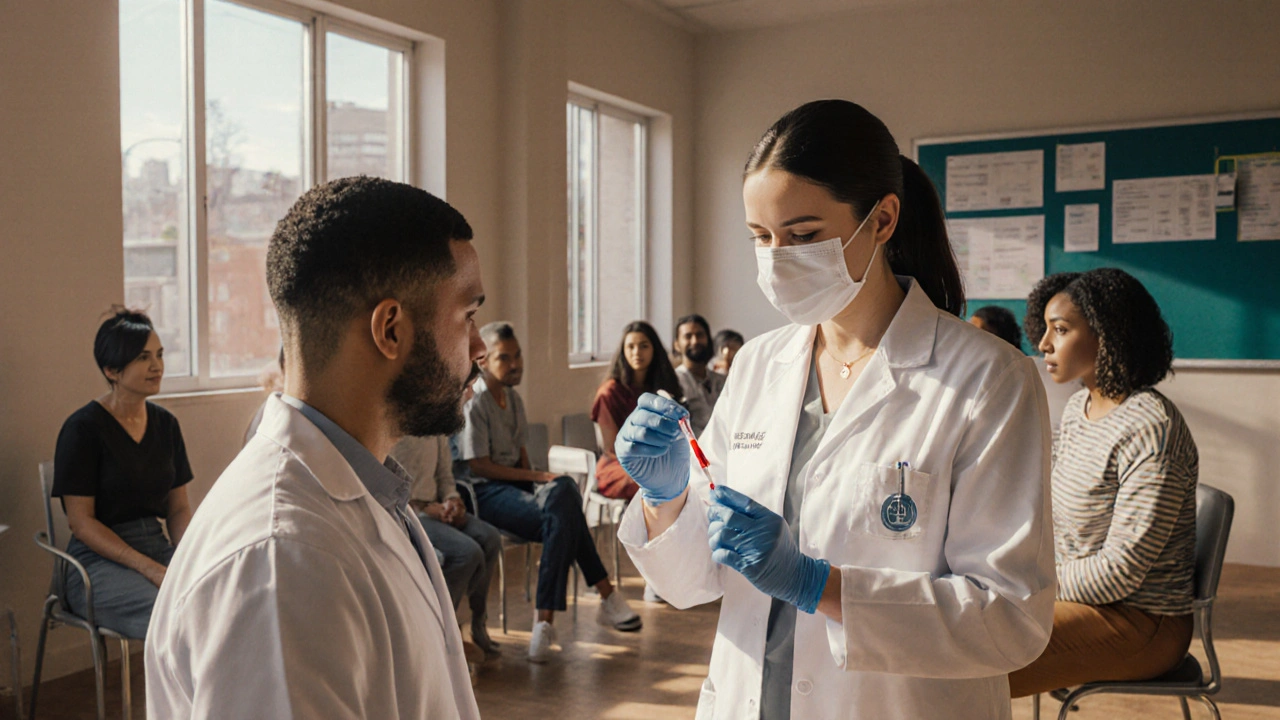 Clinique communautaire où infirmière prélève sang pour VIH et écouvillon pour trichomonase, patients divers.