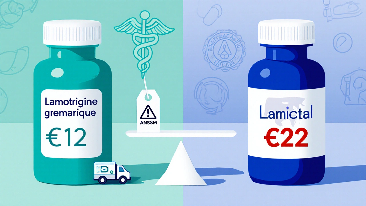 Comparaison visuelle de deux flacons de lamotrigine, générique moins cher et marque plus cher, avec étiquettes de prix et boîte de livraison.