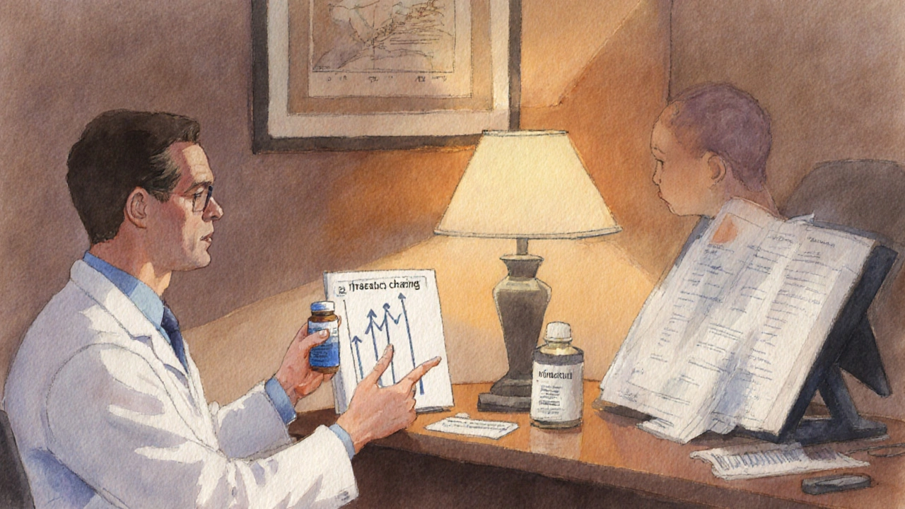 Consultation entre médecin et patient, table avec médicaments, ambiance rassurante.