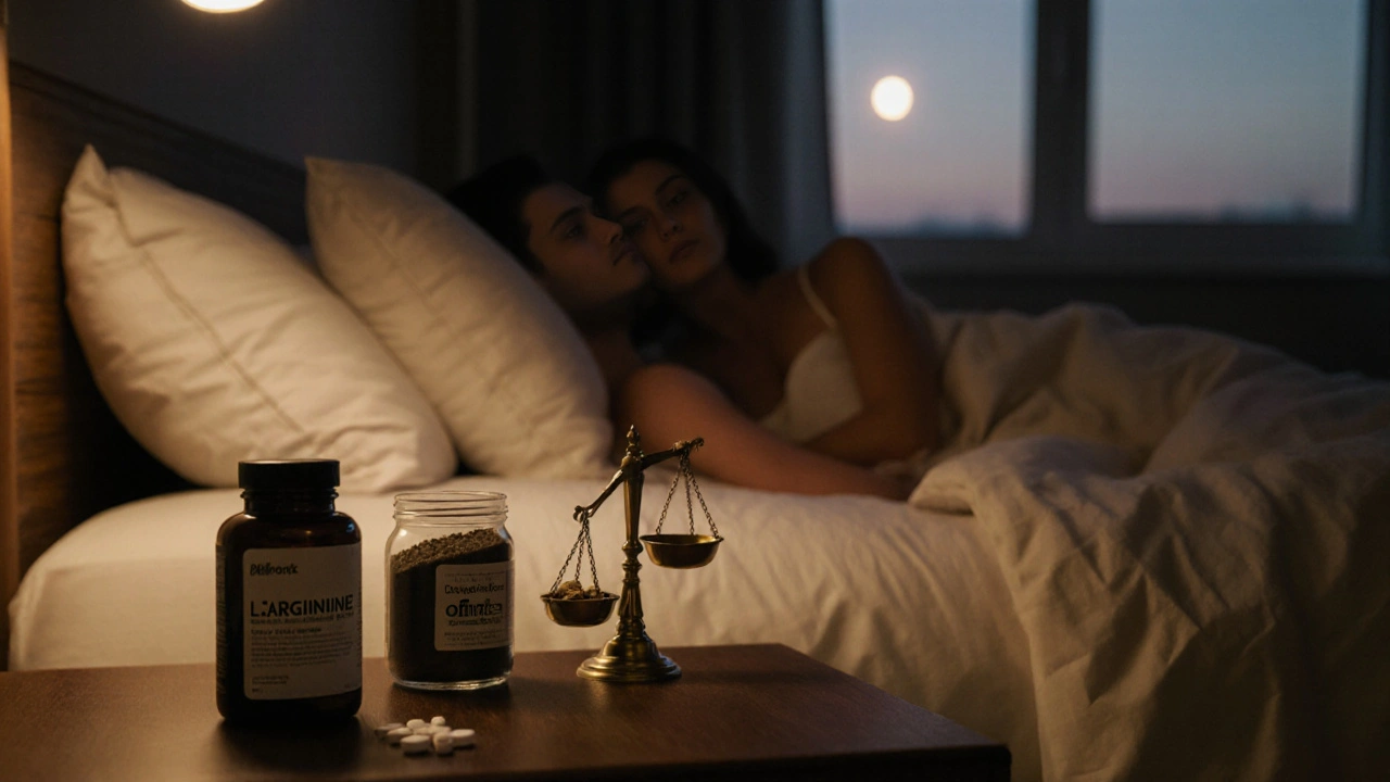 Couple dans une chambre chaleureuse, options de traitement sur la table de chevet, suggérant le choix.