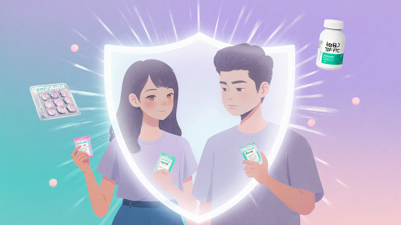 Couple tenant des préservatifs sous un bouclier lumineux, avec médicaments PrEP et métrodine en arrière‑plan.
