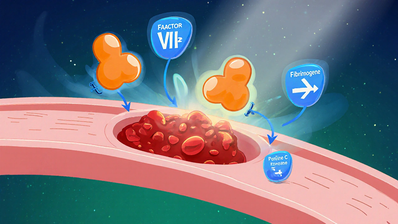 Diagramme cartoon des hormones et facteurs de coagulation créant un caillot.