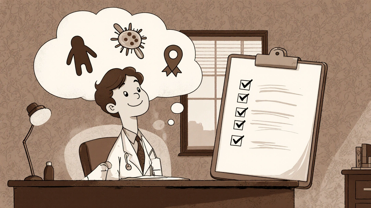 Docteur réfléchissant aux critères pour choisir l’antibiotique adéquat