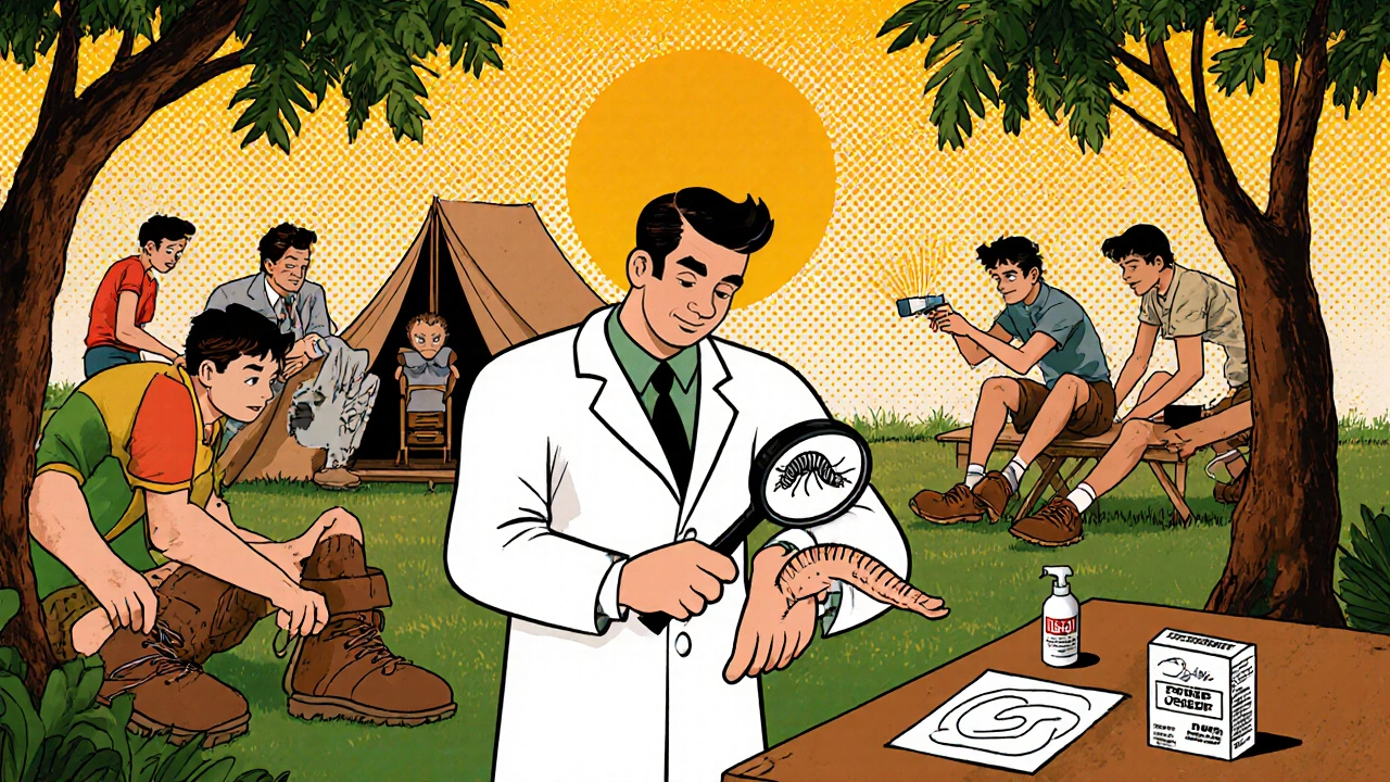 Doctor examines arm; people apply repellent, wear shoes, and spread cream in vintage cartoon.
