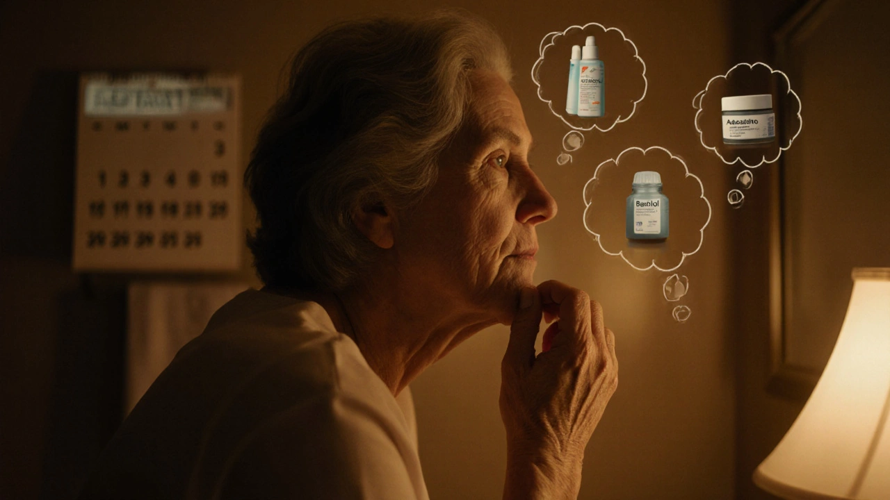 Femme mature appliquant du tretinoïne le soir, calendrier en arrière‑plan, bulles de pensée montrant d’autres actifs.