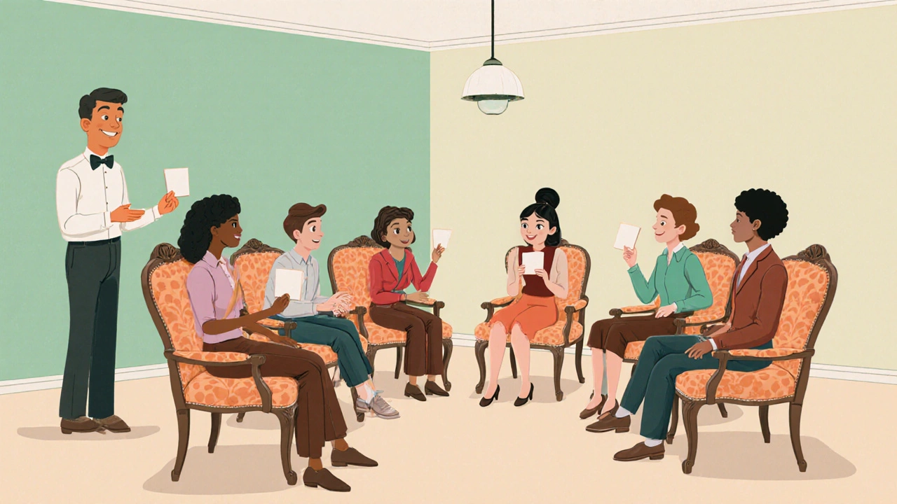 Groupe en séance d'affirmation, guidé par un coach, pratiquant la prise de parole confiante.