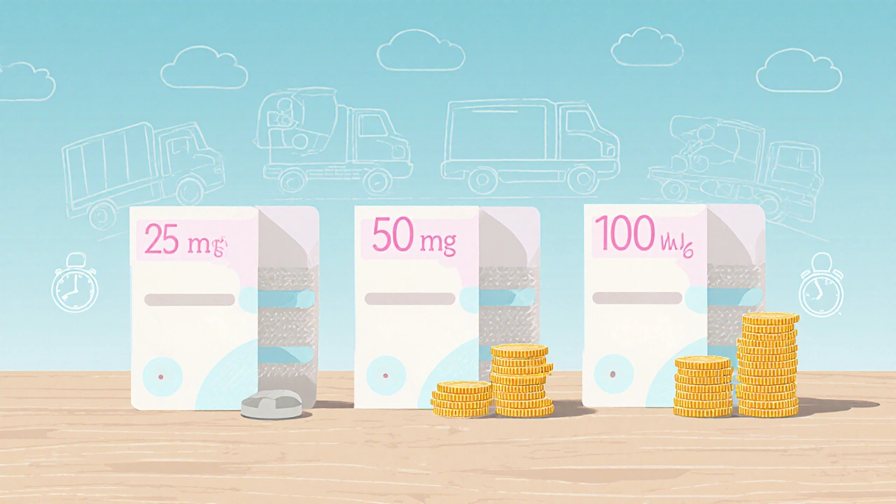 Illustration de trois boîtes de comprimés de différents dosages avec icônes de prix.