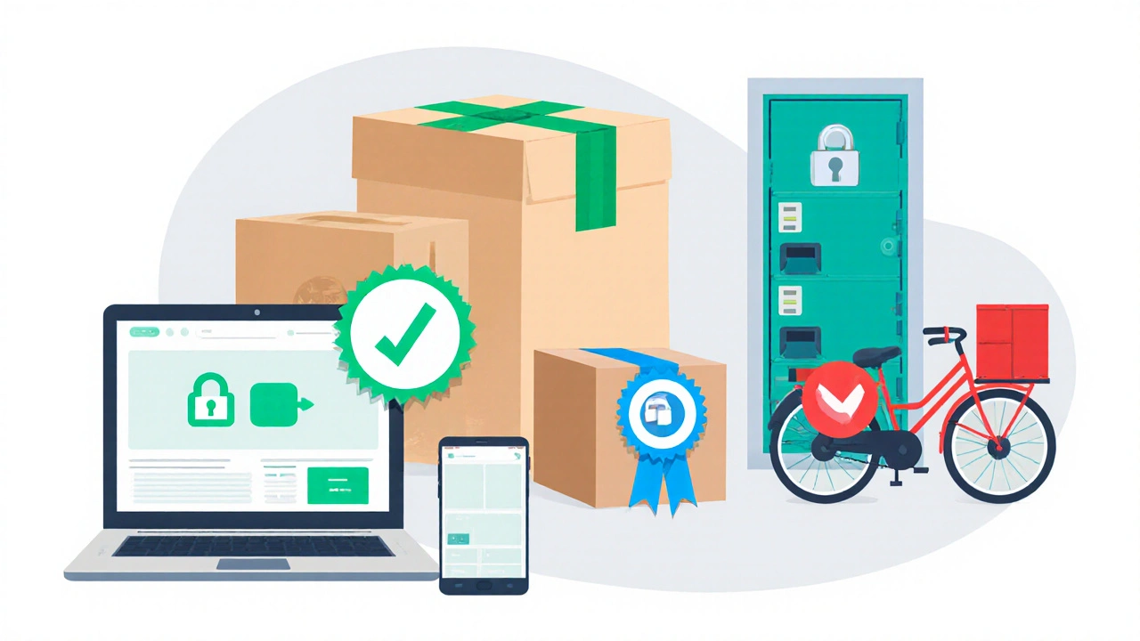 Illustration de trois colis de pharmacies en ligne, ordinateur et smartphone sécurisés.