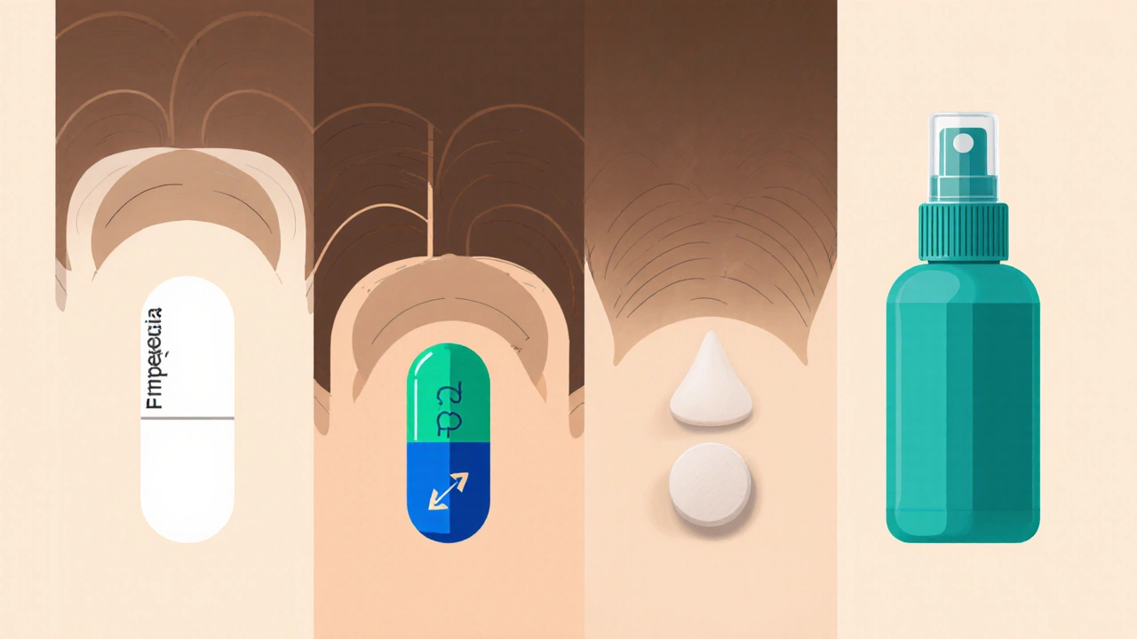 Illustration montrant quatre traitements capillaires : pilules, flacon, mousse.