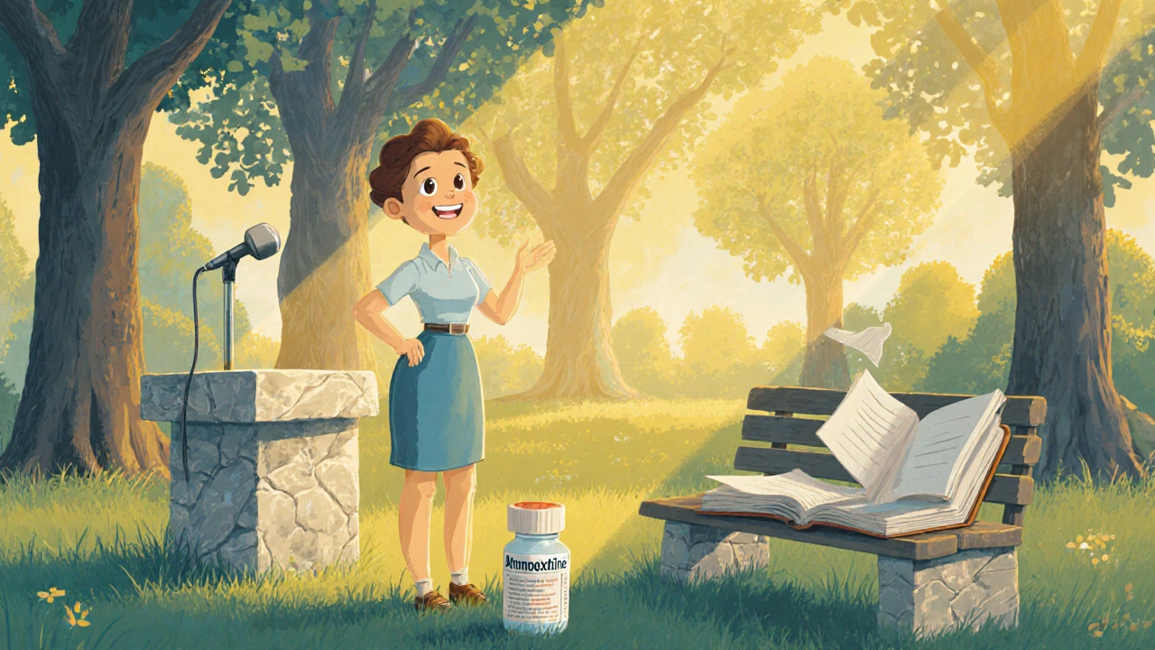 Jeune adulte confiant, journal ouvert, flacon d'atomoxétine à côté, sous lumière du parc.
