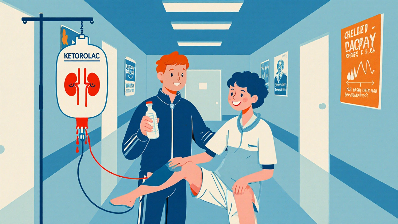 Kinésithérapeute aidant un patient à faire des exercices dès 24 h, avec hydratation et surveillance rénale, style vintage cartoon.