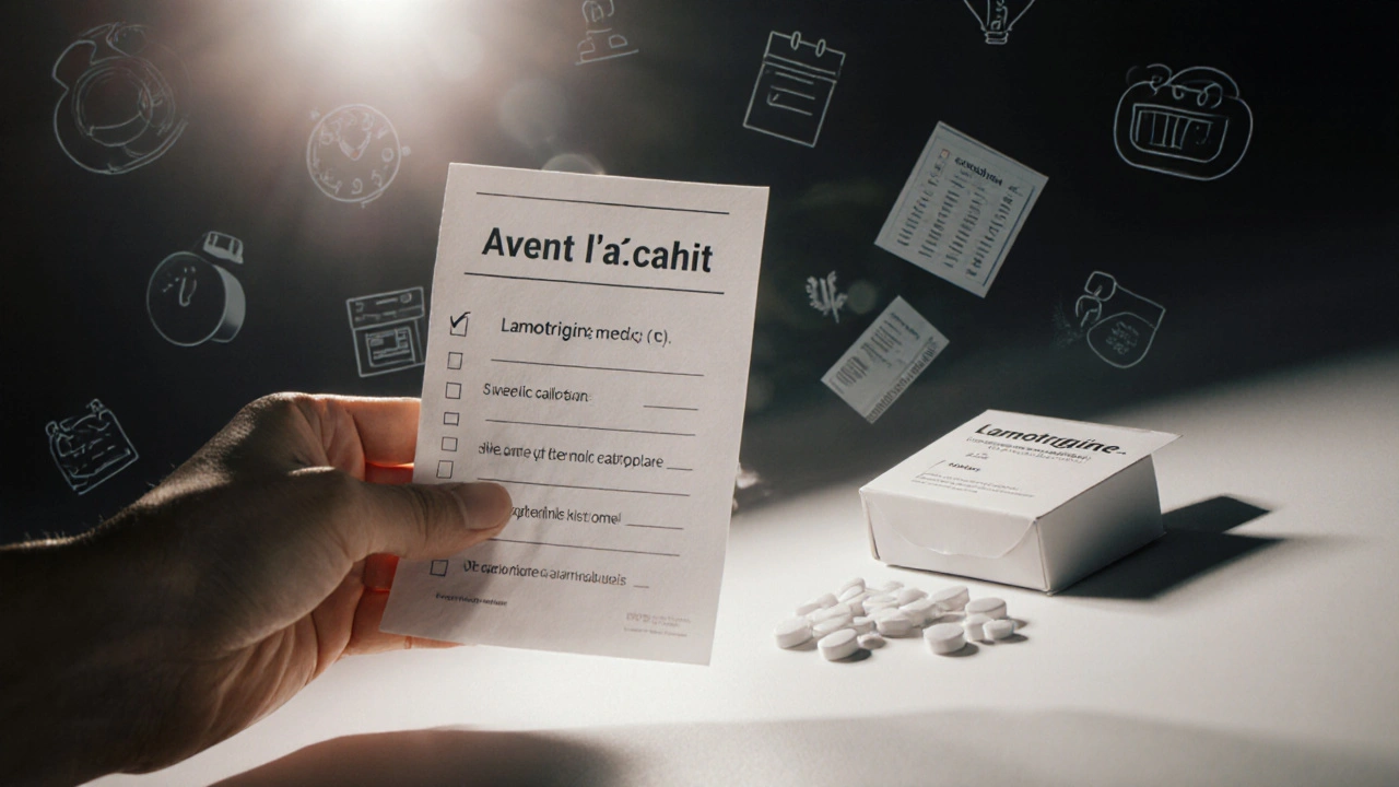 Main tenant une checklist à côté d’une boîte de lamotrigine générique, avec symboles médicaux et ambiance rassurante.