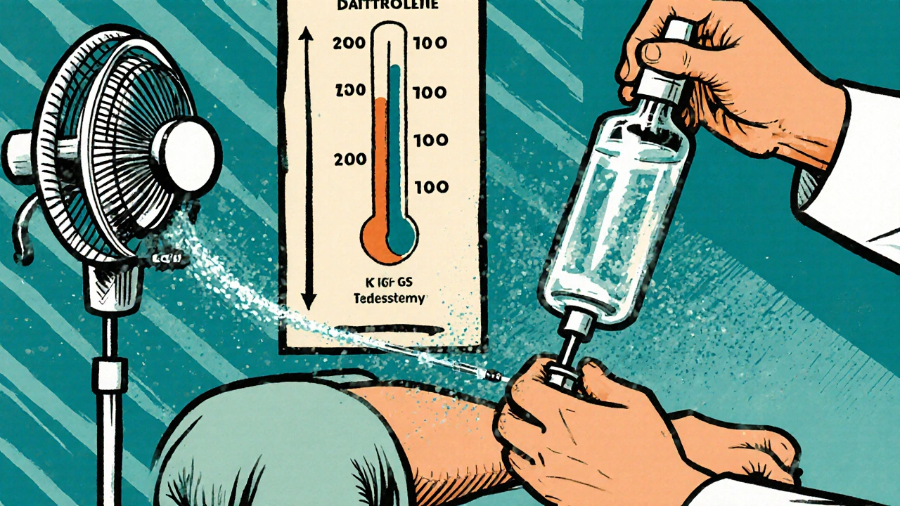 Médecin administrant du dantrolène, ventilateur et thermomètre qui baisse, style cartoon.