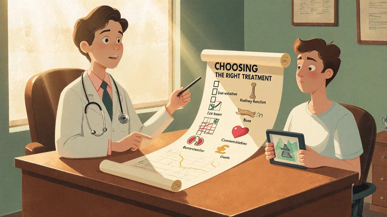 Médecin cartoon avec checklist illustrée pour choisir le traitement adapté.