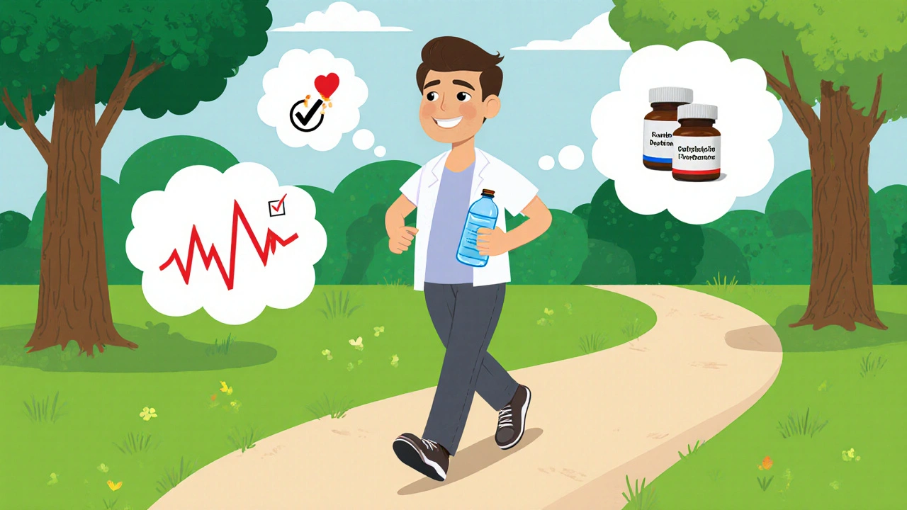 Patient cartoon marchant, buvant de l&#039;eau, évitant le tabac, avec alternatives médicamenteuses.