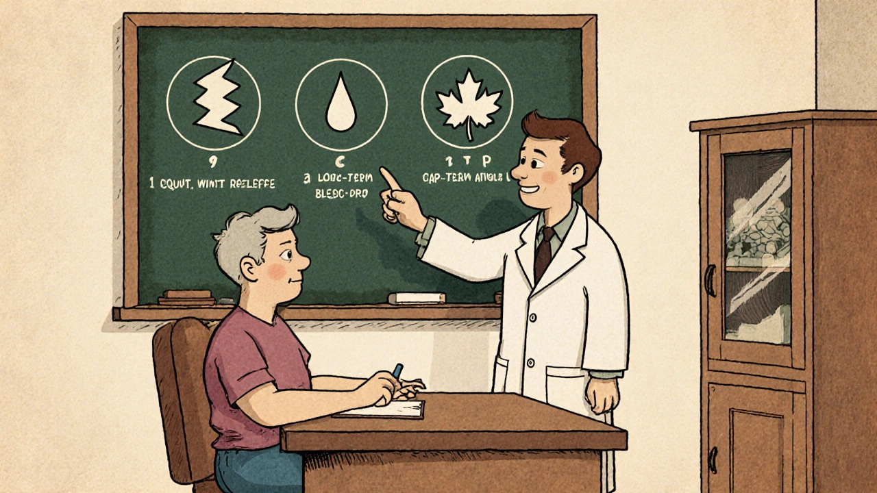 Patient discutant avec un médecin de changer d&#039;inhalateur dans un cabinet vintage.