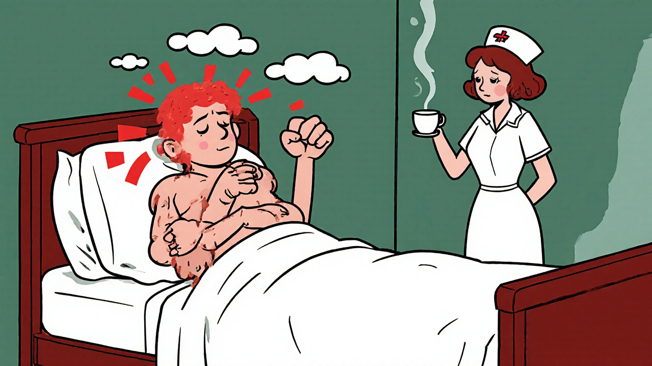 Patient en chaleur et rigidité, entouré de nuages de confusion, dans une chambre d'hôpital.