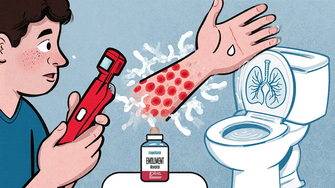 Patient gérant hyperglycémie, rash, et diarrhée dans style cartoon rétro.
