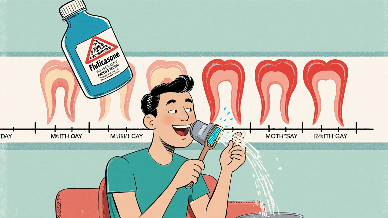 Patient se rinceant la bouche après un inhalateur, avec des symboles de dommages dentaires en arrière-plan.