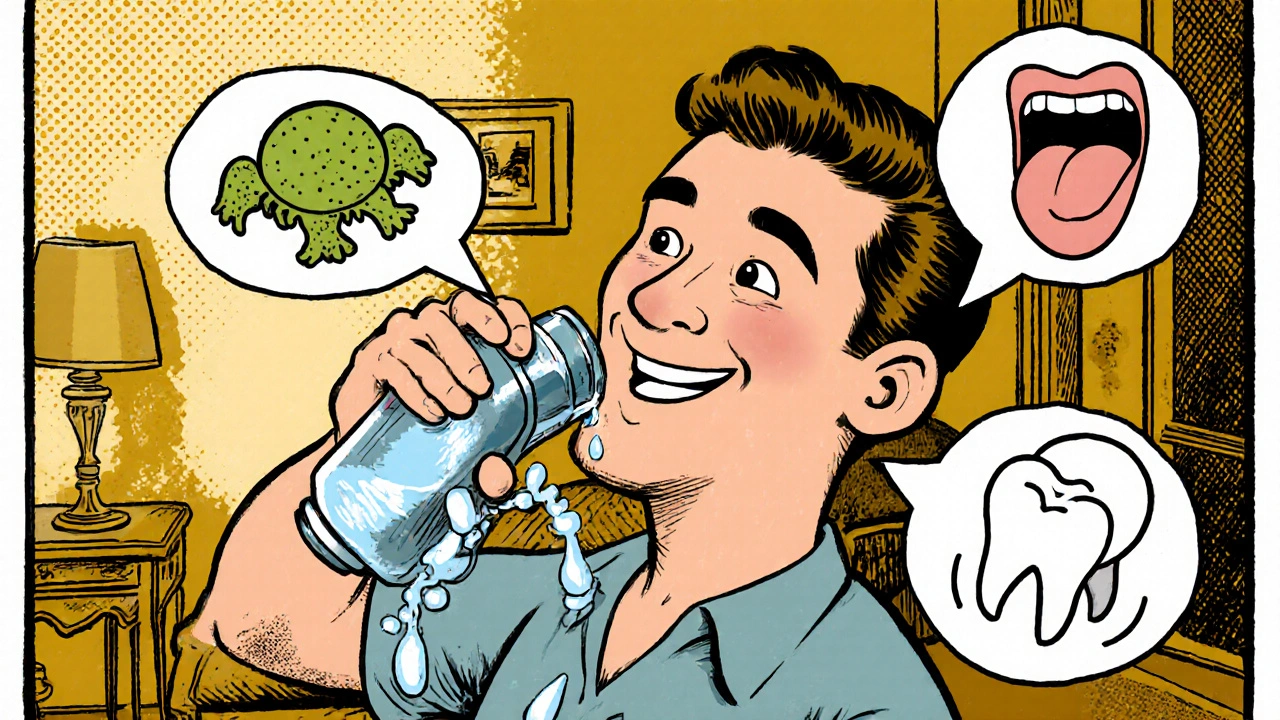 Patient souriant qui se rince la bouche après son inhalateur, avec des icônes de risques qui disparaissent.