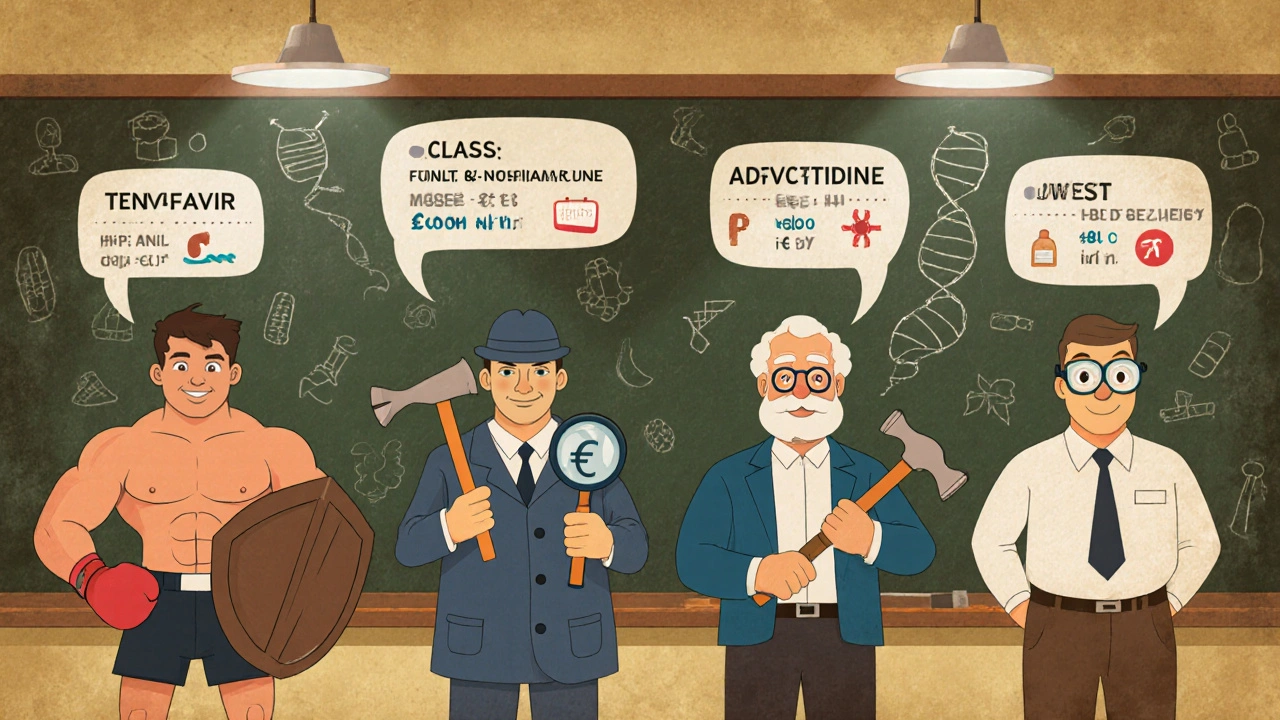 Personnages cartoon représentant cinq médicaments antirétroviraux avec icônes de leurs traits.