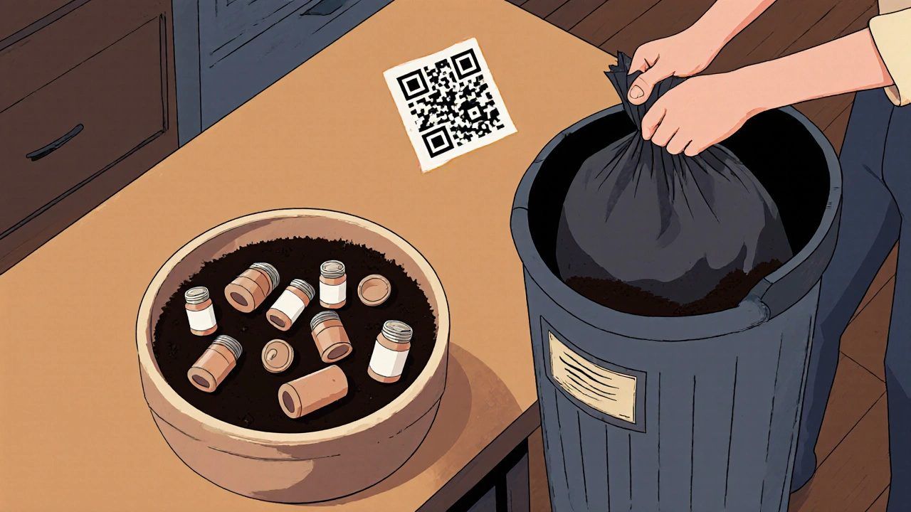 Personne mélange des médicaments avec du marc de café et les met dans un sac épais avant de les jeter.