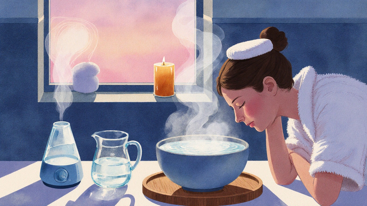 Personne utilisant vapeur, rinçage nasal, compresse chaude, eau et humidificateur.