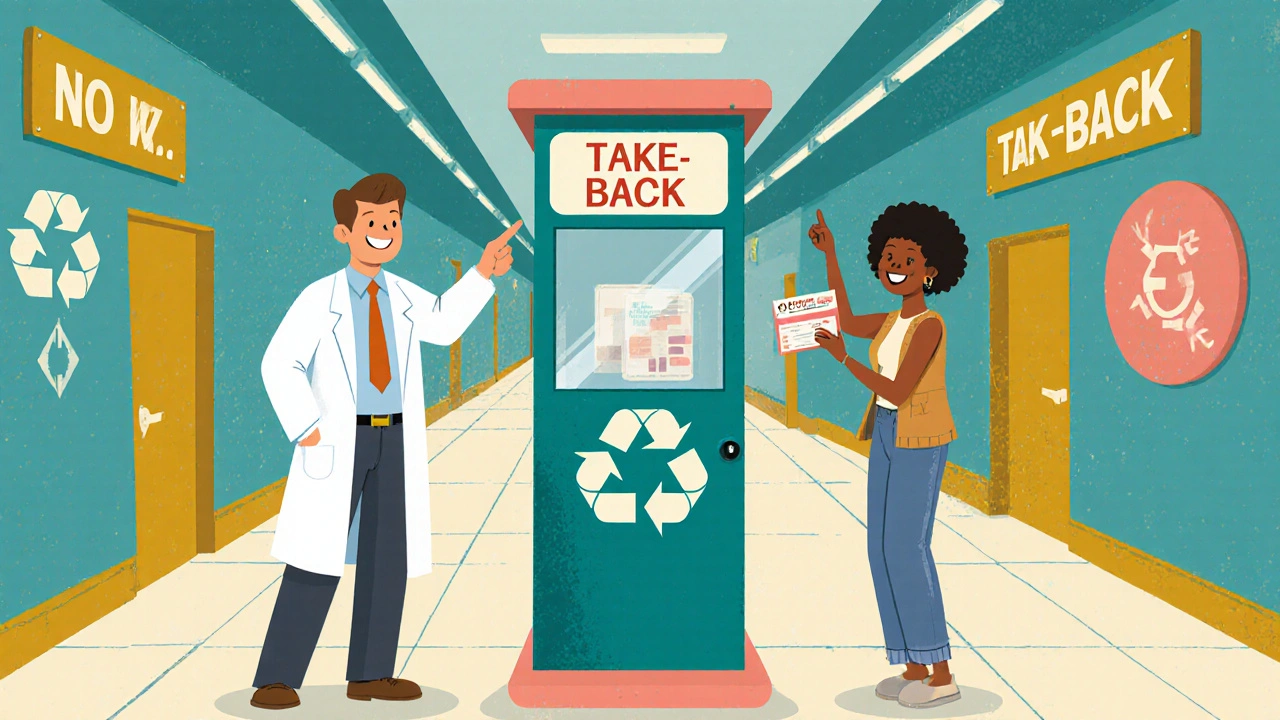 Pharmacien souriant aide un client à déposer une boîte de médicaments dans un kiosque de récupération.