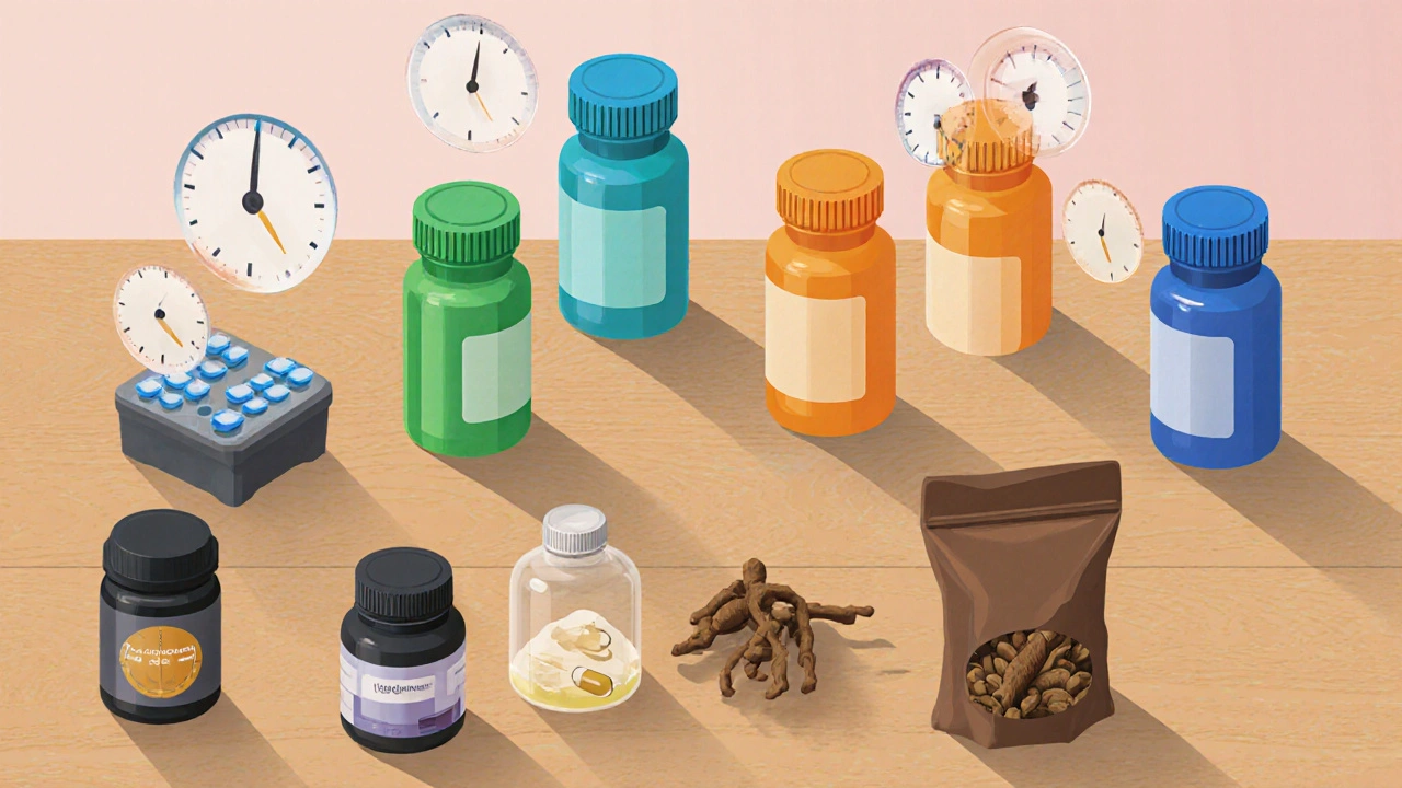 Quatre flacons de médicaments PDE5 et trois compléments naturels sur une table, éclairés pastel.