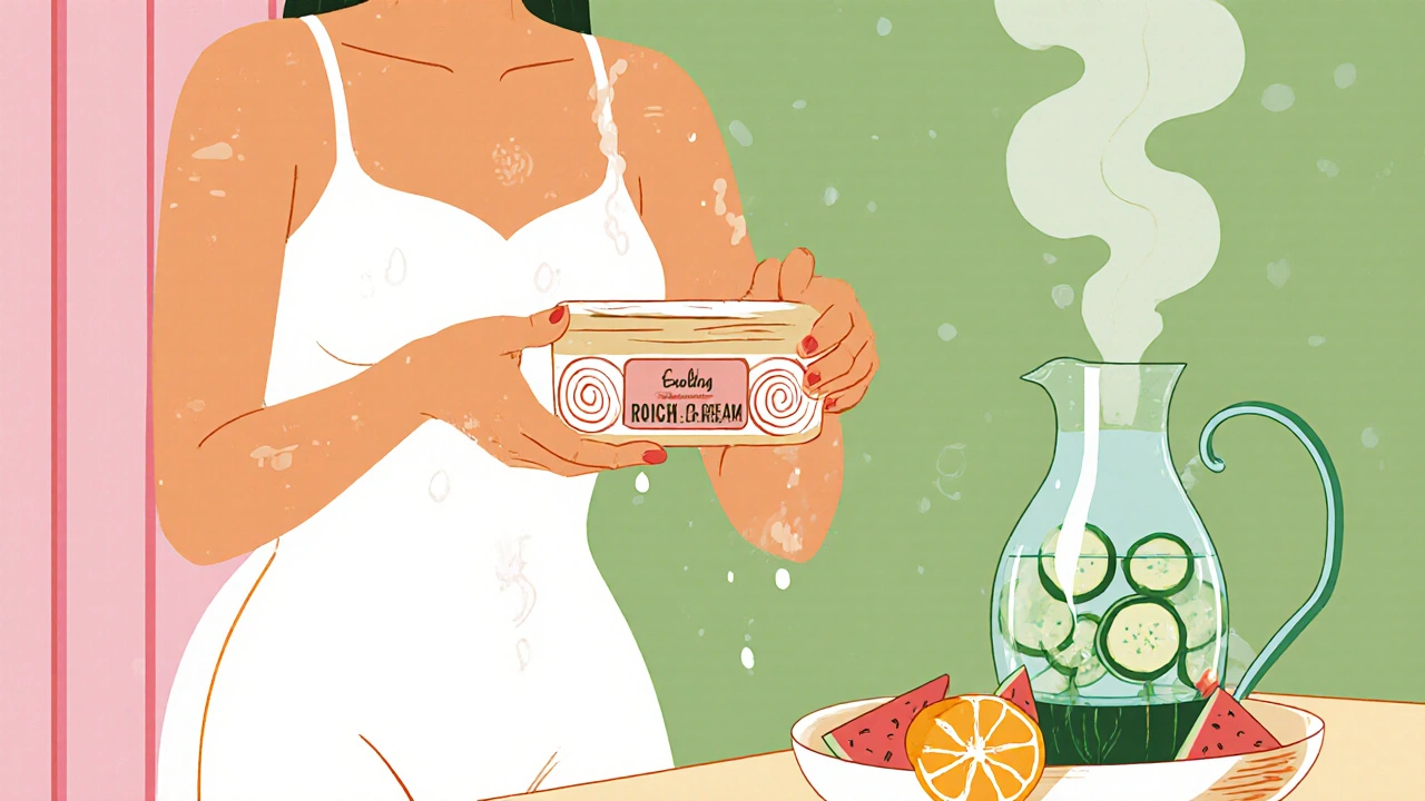 Routine de bain: femme sort de la douche, eau, fruits, humidificateur et crème dans style cartoon vintage.