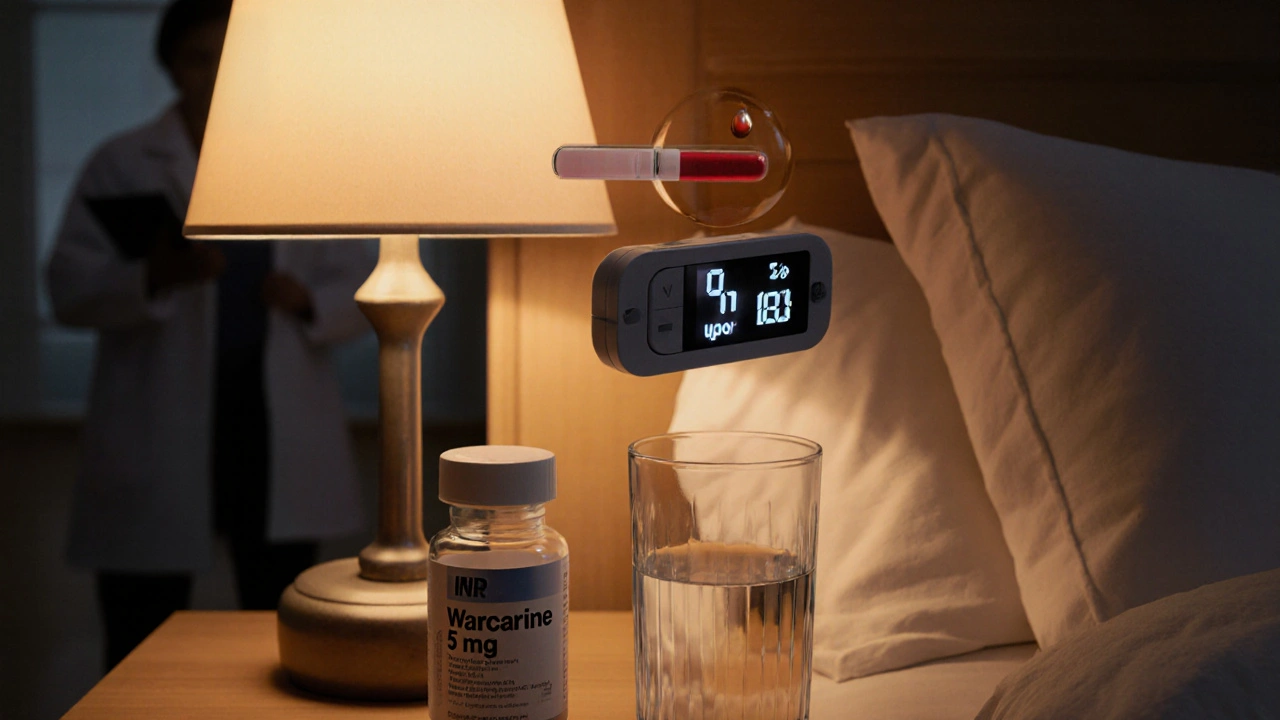 Scène nocturne avec kit INR, pilules de warfarine et silhouette rassurante d’un pharmacien.