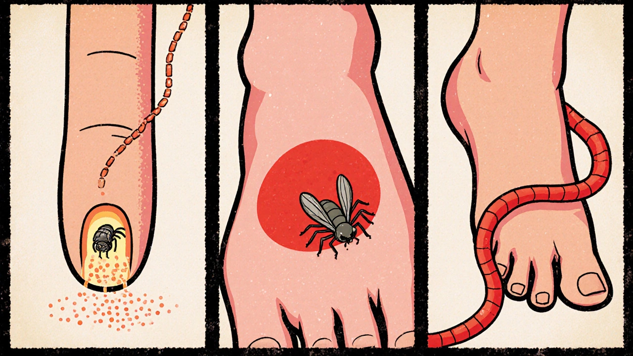 Three panels: scabies mite tunneling, botfly larva in skin nodule, hookworm creating red track.