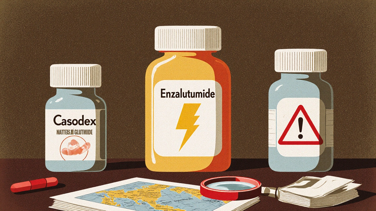 Trois bouteilles de médicaments comparées sur un bureau médical avec des symboles visuels.