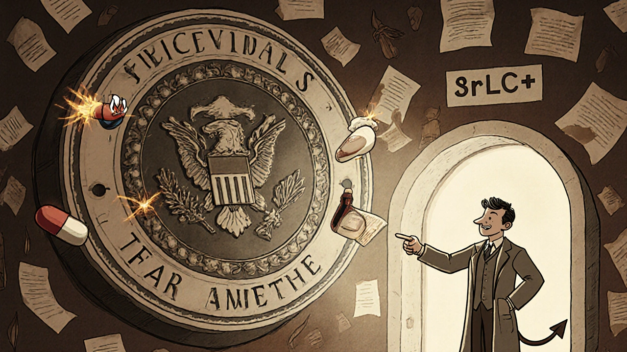 Un bouclier FDA repoussant des objets dangereux, avec Dr. Wiley pointant vers une archive lumineuse.