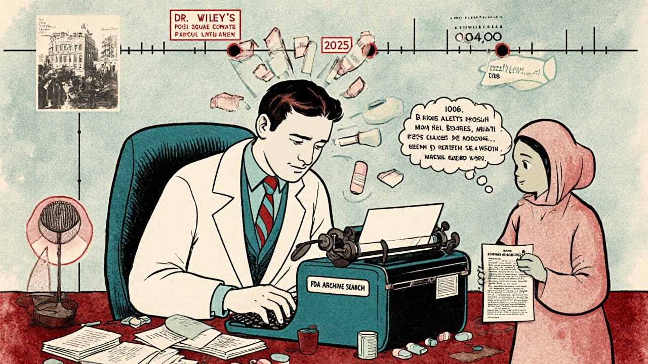 Un chercheur entouré de timelines historiques et d'alertes médicales, un patient hésitant et une lettre ancienne flottante.