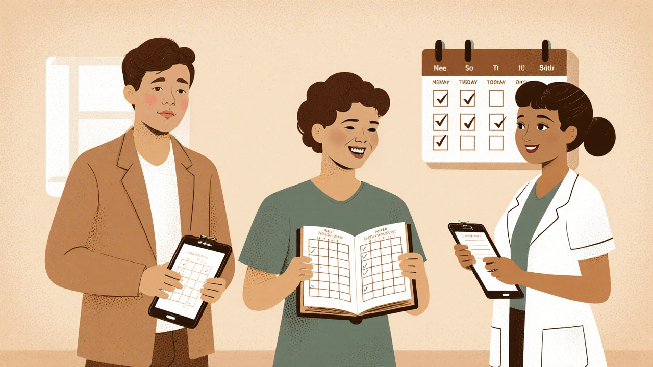 Visite de suivi optimiste avec patient, équipe médicale et tableau de suivi.