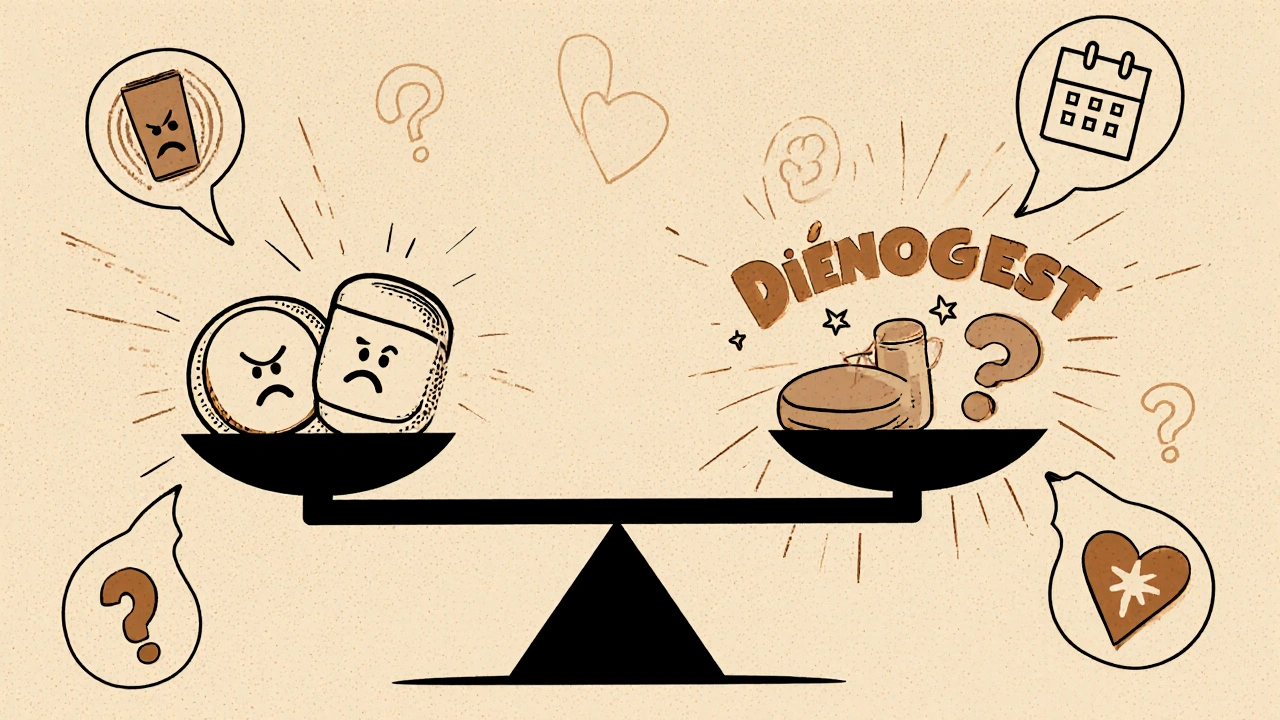 Balance comparant Provera à d'autres traitements hormonaux et non hormonaux avec des icônes symboliques.