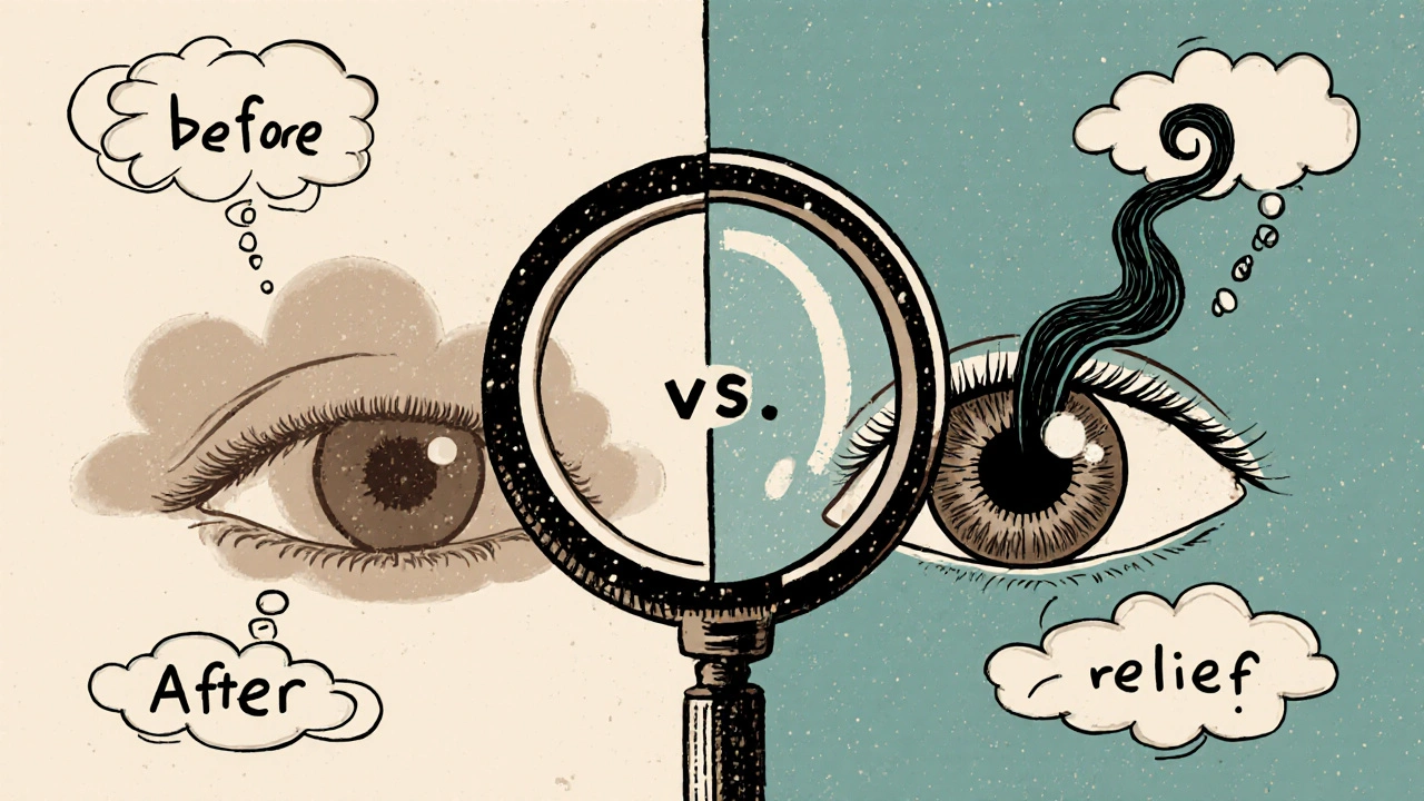 Comparaison cartoon des yeux avant et après la chirurgie de la cataracte, avec des corps flottants visibles.