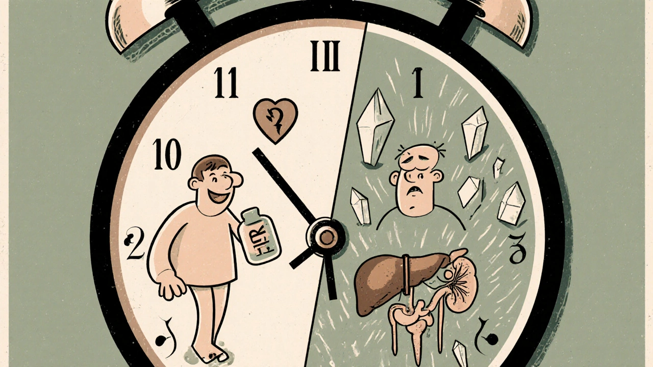 Comparaison cartoon : patient traité avec Tricor en bonne santé vs patient non traité avec des cristaux douloureux.