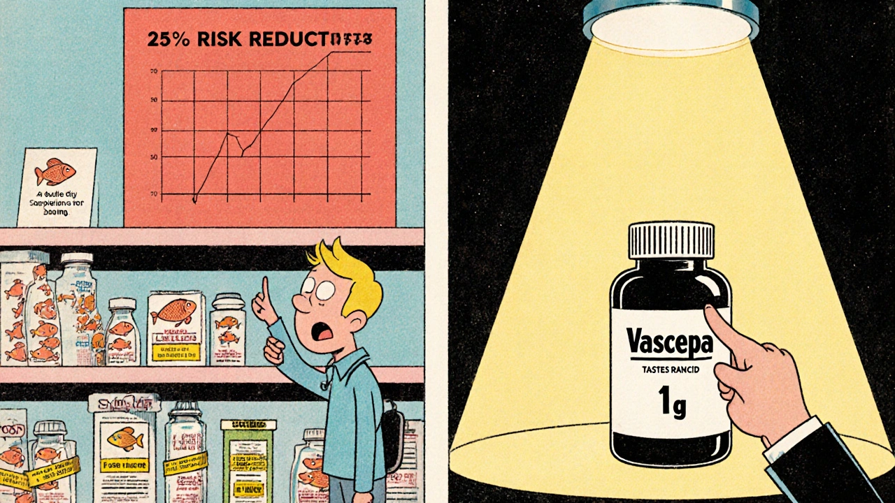Deux étagères de pharmacie : d&#039;un côté des suppléments bon marché, de l&#039;autre une ordonnance médicale avec un chiffre de réduction de risque.