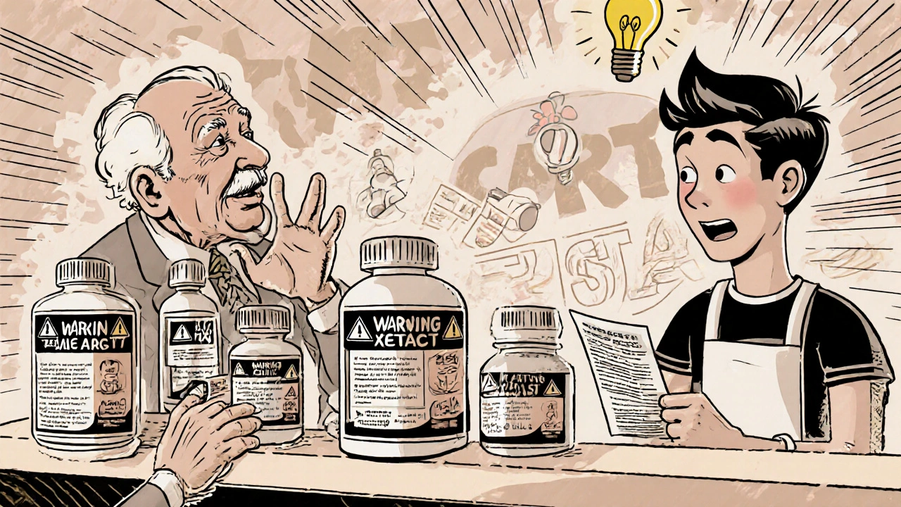 Étagère de médicaments avec des avertissements en boîte noire, un homme âgé et un adolescent qui les choisissent.