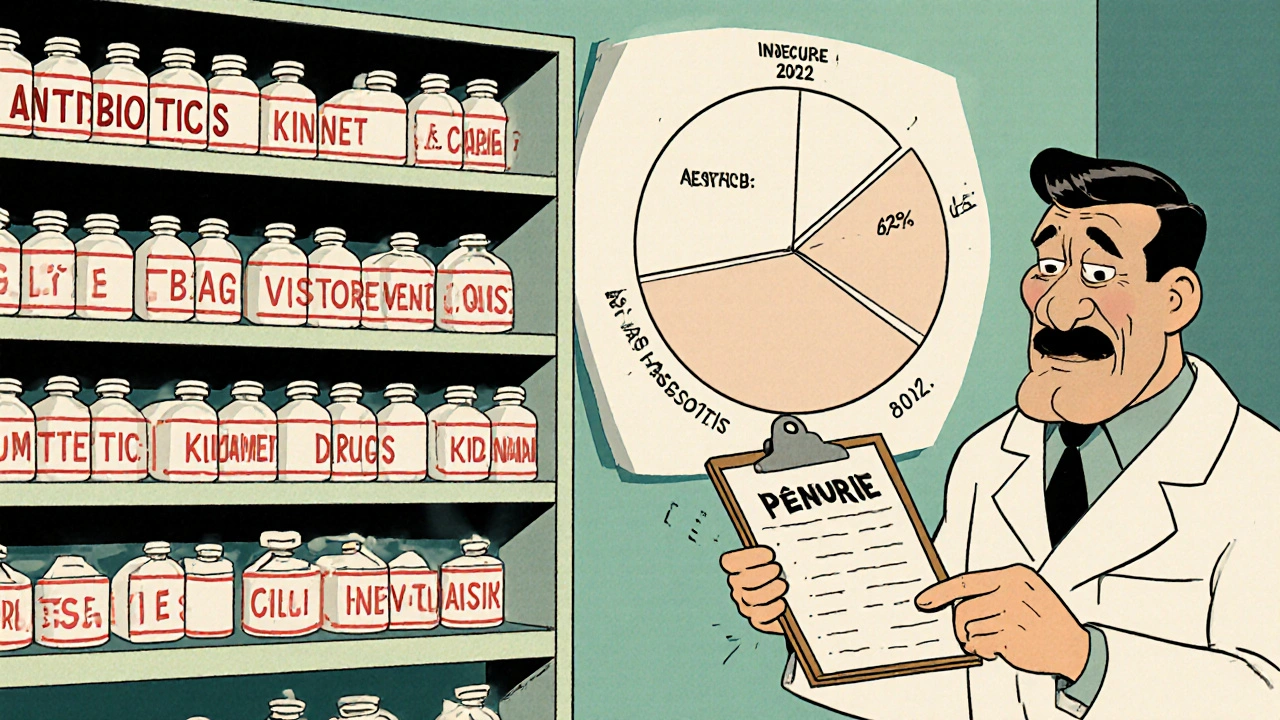 Étagère de pharmacie hospitalière vide avec des médicaments critiques manquants, un médecin stressé et un graphique montrant 62 % de pénuries.