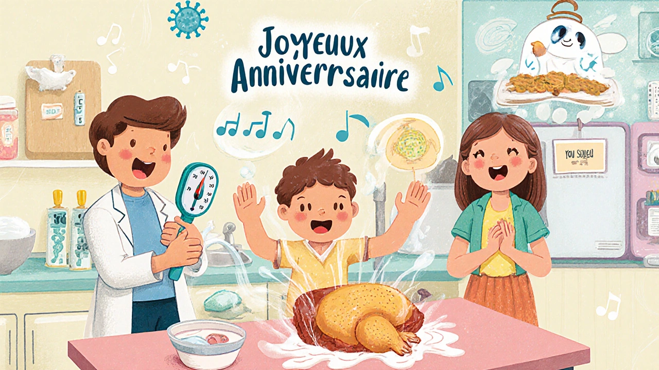 Famille lavant ses mains en chantant, avec un thermomètre indiquant une cuisson sûre du poulet.