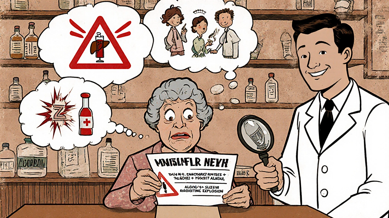 Femme âgée à la pharmacie, regardant une ordonnance avec un symbole d&#039;alerte rouge et des bulles de dangers.