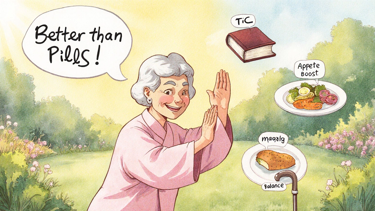 Femme âgée faisant du tai-chi dans un jardin, entourée d&#039;alternatives sûres à la médication.