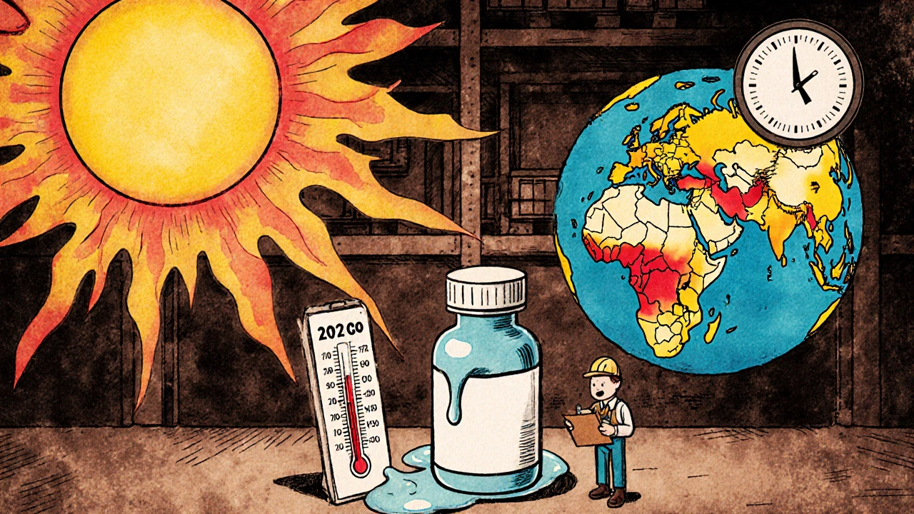 Flacon de médicament qui fond sous le soleil dans un entrepôt surchauffé, avec une carte mondiale et un horloge vers 2050.