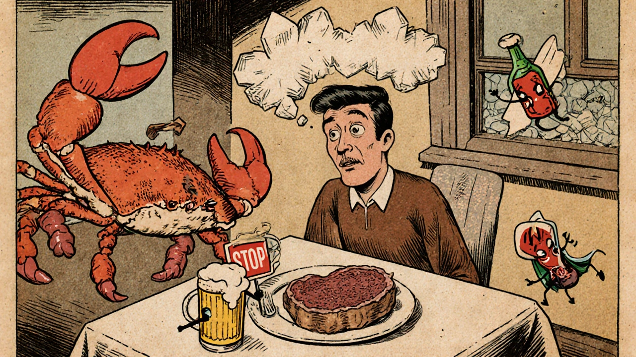 Homme à table repoussant des aliments riches en purines, tandis que des reins arrêtent les cristaux d'acide urique.